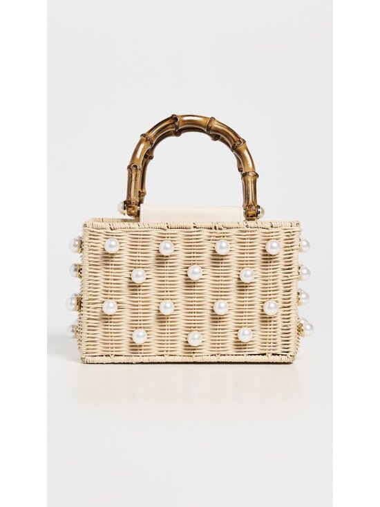 Btb Los Angeles Handbags - BTB Los Angeles Chloe Pearl Beaded Top-Handle Box Bag Handbag Raffia Tote Purse